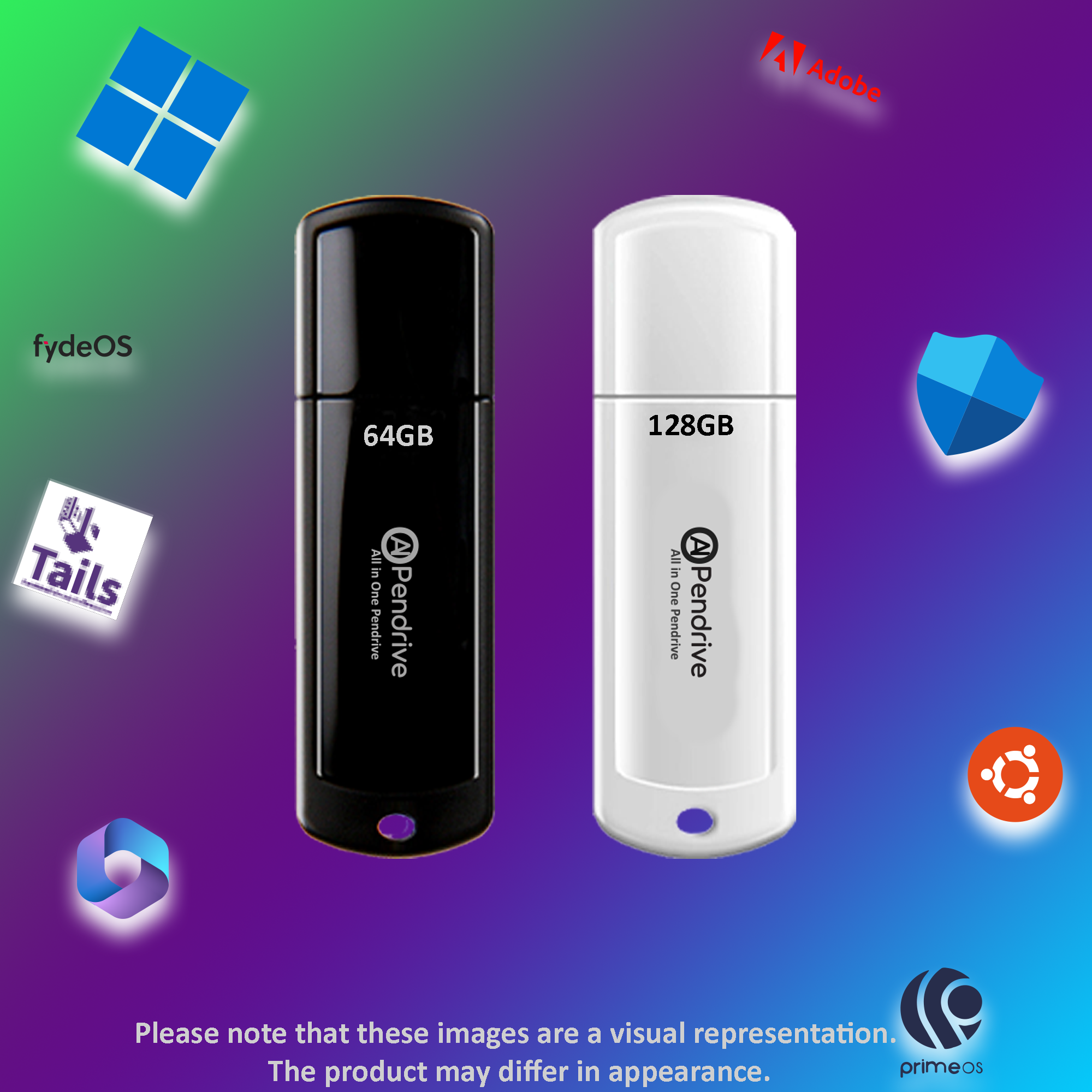 this is a image Containing two pen drive which has a text or logo It also has the logo of several popular operating systems Including windows Ubuntu Fade OS